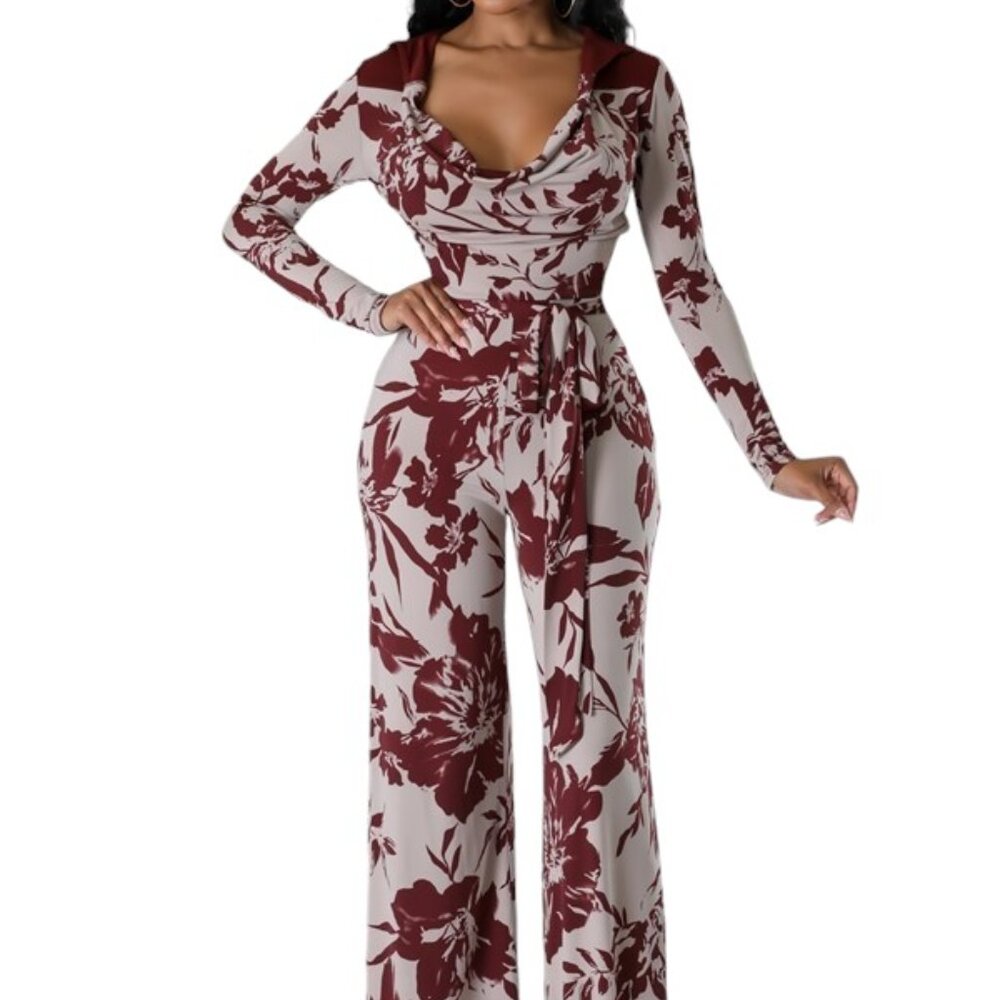 Stretchy Long-Sleeve Tie Floral Jumpsuit